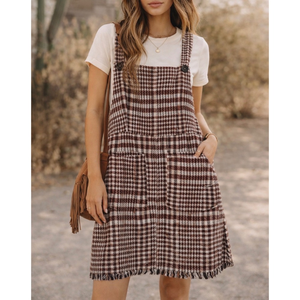 BOHME L Womens Gingham Fringe Plaid Button Overall Dress Streetwear Cottage Fall